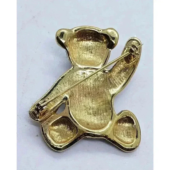 Vintage Teddy Bear Brooch Clear & Green Rhinestones Cute Waving - Picture 4 of 6
